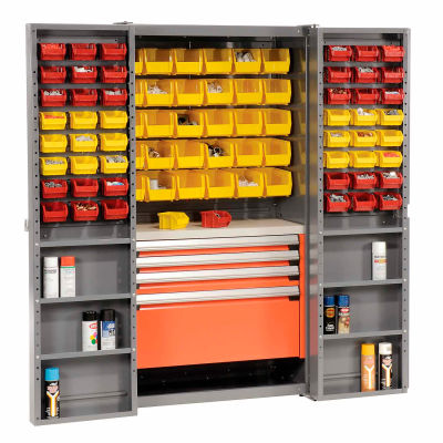 Global Industrial™ Security Work Center & Storage Cabinet - Shelves, 4 Drawers, Yellow/Red Bins