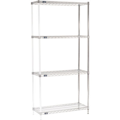Nexel® Chrome, 4 Tier, Wire Shelving Add-On Unit, 36"W x 14"D x 74"H
