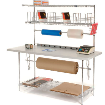 Global Industrial Packing Workbench W/Riser & 3 Shelves, Laminate Square Edge, 72"W x 30"D