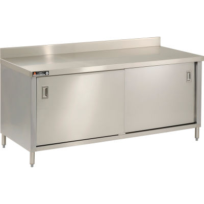 Aero Manufacturing 304 Stainless Steel Cabinet Table, 72 x 30", 4" Backsplash, Sliding Doors