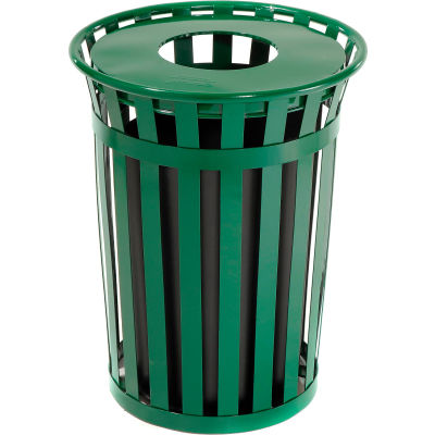 Global Industrial™ Outdoor Slatted Steel Trash Can avec couvercle plat, 36 gallons, vert