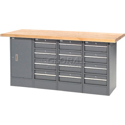 Global Industrial™ Workbench w/ Maple Square Edge Top, 12 Drawers & 1 Cabinet, 72"Wx24"D, Gray