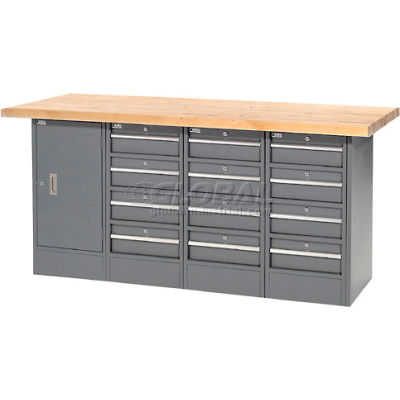 Global Industrial Workbench w/ Maple Square Edge Top, 12 Drawers & 1 Cabinet, 72"Wx24"D, Gray