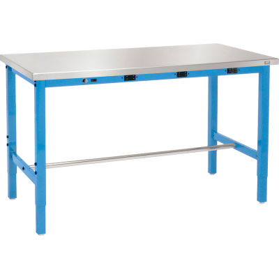Global Industrial™ 48 x 30 Adj. Height Workbench, Power Apron, Stainless Steel Square Edge Blue