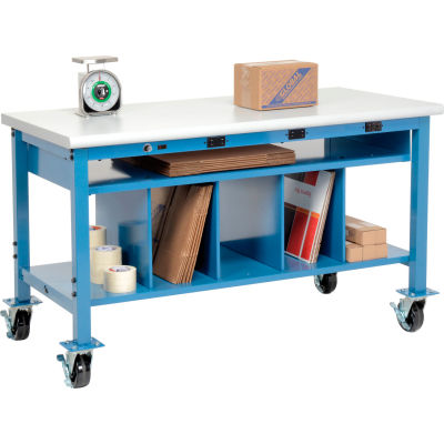 Global Industrial™ Mobile Packing Workbench W/Shelf &Power, Laminate Safety Edge, 60"W x 36"D