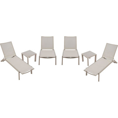 Ensemble de table d’extérieur industriel™ mondial, 2 tables d’appoint à lattes en aluminium et 4 chaises longues