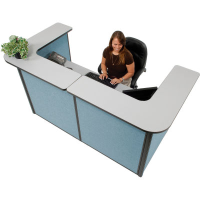 Interion® U-Shaped Reception Station, 88" W x 44"D x 44"H, compteur gris, panneau bleu