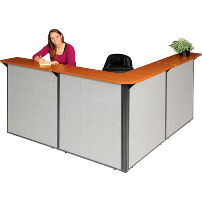 Interion® Station de réception en forme de L, 80"W x 80"D x 44"H, Cherry Counter, Gray Panel