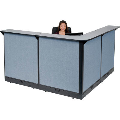 Interion® Station de réception électrique en forme de L, 80"W x 80"D x 46"H, Gray Counter, Blue Panel