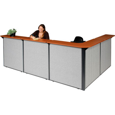 Interion® Station de réception en forme de L, 116"W x 80"D x 44"H, Cherry Counter, Gray Panel