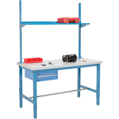 Global Industrial™ 96x36 Production Workbench ESD Square Edge  - Tiroir, droit et étagère - Bleu