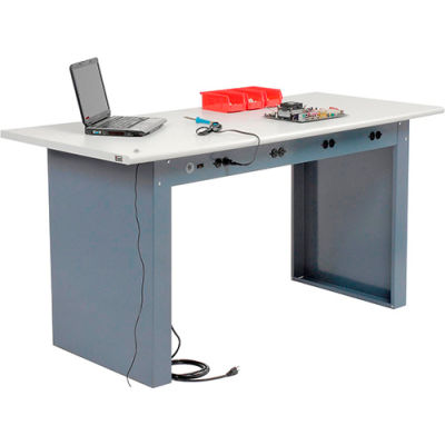 Global Industrial™ Panel Leg Workbench w/ESD Safety Edge Top &Power Apron, 72"W x 30"D, Gray