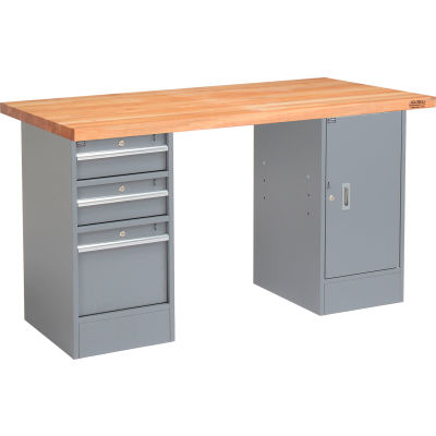 Global Industrial™ 60 x 24 Pedestal Workbench - 3 tiroirs et 1 armoires, Bord carré d’érable - Gris