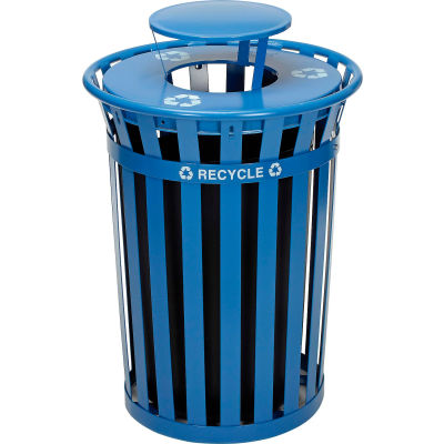 Boîte de recyclage en acier à lattes d’extérieur industriel™ mondial avec couvercle de capot de pluie, 36 gallons, bleu