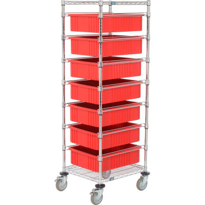 Global Industrial Chrome Wire Cart With (7) 6"H Red Grid Containers, 21x24x69