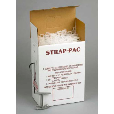 Pac Strapping Poly Kit w / Boucles &Outil de tension / coupe, 3000'L x 1/2 « Bobine de largeur de sangle, Blanc
