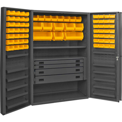 Durham Heavy Duty Work Bin Cabinet DCBDLP724RDR Deep Pocket Door - 4 Drawers 72 Yellow Bins 48x24x78