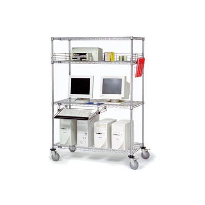 Nexel 4-Shelf Mobile Wire Computer LAN Workstation w/Keyboard Tray, 36"W x 18"D x 69"H, Chrome