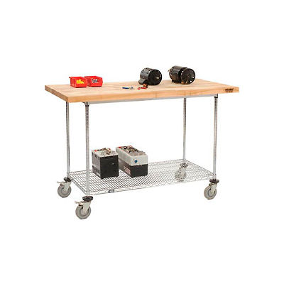 Global Industrial Workbench w/ Wire Rack & Maple Square Edge Top, 60"W x 30"D, Chrome