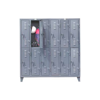 StrongHold® 2-Tier 12 Door Slim-Line Locker, 74"W x 18"D x 78"H, Gray, All-Welded