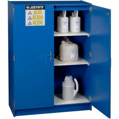 Justrite 49 x 2-1/2 Liter Bottle Cap., Wood Laminate Storage Acid Cabinet, 42"Wx17-7/8"Dx60"H, Blue