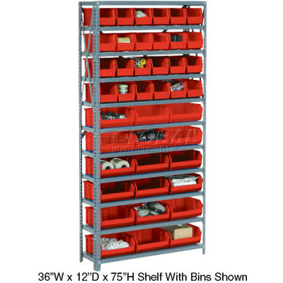 Global Industrial™ Steel Open Shelving - 28 Red 8-1/4x10-3/4x7 Stacking Bins 8 Shelves 36x12x73