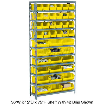Global Industrial Steel Open Shelving - 14 Yellow Plastic Stacking Bins 8 Shelves 36 x 12 x 73