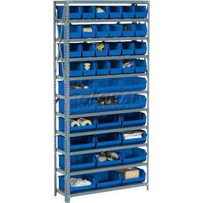 Global Industrial™ Steel Open Shelving - 21 Blue Plastic Stacking Bins 8 Shelves - 36 x18 x 73