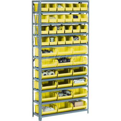 Global Industrial™ Steel Open Shelving - 15 Yellow Plastic Stacking Bins 8 Shelves 36 x 18 x 73