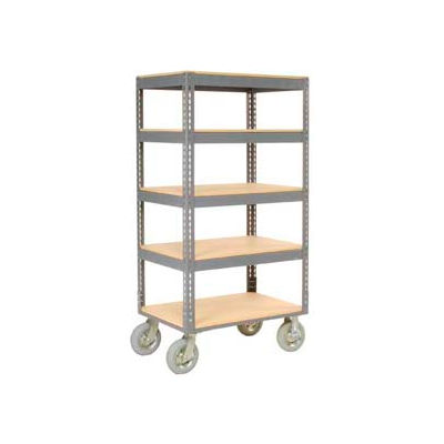 Global Industrial Easy Adjust Boltless 5 Shelf Truck 36x18 W/ Wood Shelves, Pneumatic Casters