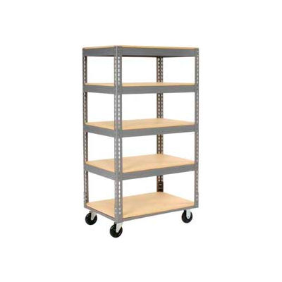 Global Industrial Easy Adjust Boltless 5 Shelf Truck 48x24, Wood Shelves, Polyurethane Casters