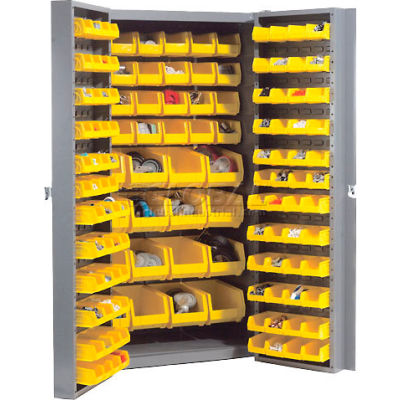Global Industrial Bin Cabinet Deep Door - 132 Yellow Bins, 16 Ga. Unassembled Cabinet 38x24x72
