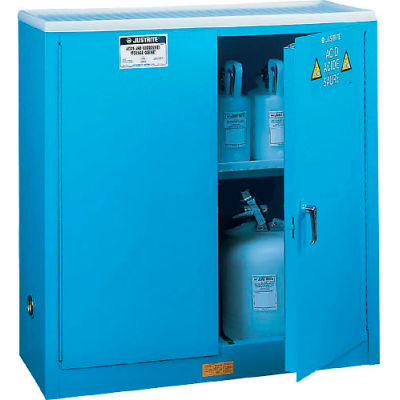 Armoire de rangement verticale à l’acide Justrite de 30 gallons, fermeture automatique, 2 portes, 43 po L x 18 po P x 44 po H, bleu