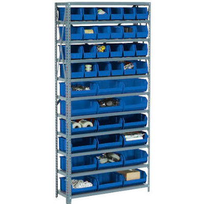 Global Industrial™ Steel Open Shelving avec 30 bacs d’empilage en plastique bleu 11 étagères - 36 x 12 x 73