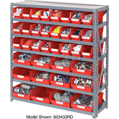 Global Industrial™ Steel Shelving with 24 4"H Plastic Shelf Bins Red, 36x12x39-7 Shelves