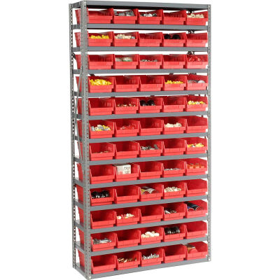 Global Industrial Steel Shelving with 60 4"H Plastic Shelf Bins Red, 36x12x72-13 Shelves