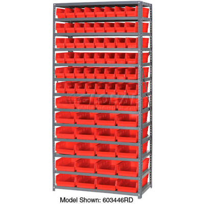 Global Industrial™ Steel Shelving with Total 72 4"H Plastic Shelf Bins Red, 36x12x72-13 Shelves