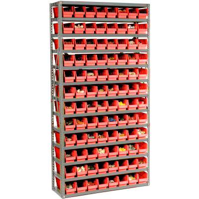 Global Industrial™ Steel Shelving with 96 4"H Plastic Shelf Bins Red, 36x12x72-13 Shelves