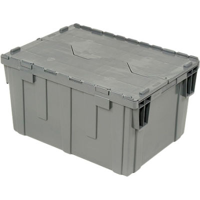 Global Industrial Plastic Shipping/Storage Tote W/Attached Lid, 28-1/8"x20-3/4"x15-5/8", Gray