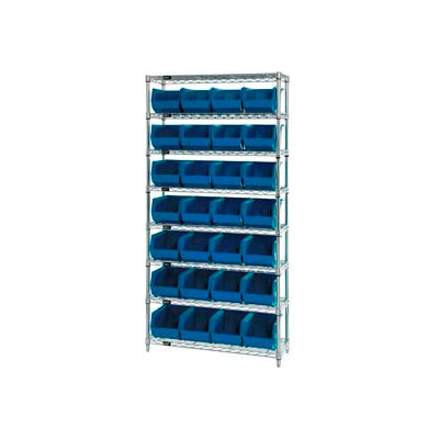 Rayonnage en fil de chrome industriel™ mondial avec 28 bacs bleus empilables, 36 « L x 12 » P x 74 « H, gris