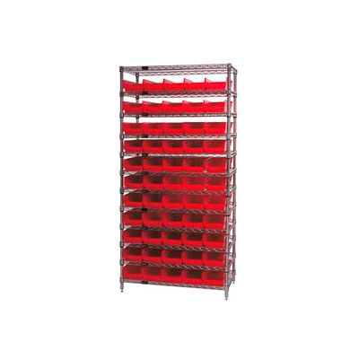 Global Industrial™ Chrome Wire Shelving with 55 4"H Plastic Shelf Bins Red, 36x14x74