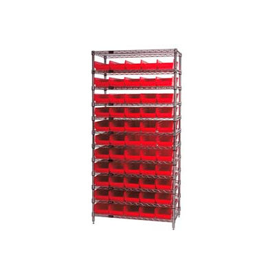 Global Industrial Chrome Wire Shelving with 55 4"H Plastic Shelf Bins Red, 36x24x74