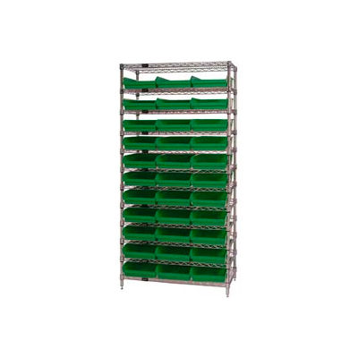 Global Industrial Chrome Wire Shelving with 33 4"H Plastic Shelf Bins Green, 36x24x74