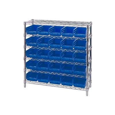 Global Industrial™ Chrome Wire Shelving with 25 4"H Plastic Shelf Bins Blue, 36x14x36