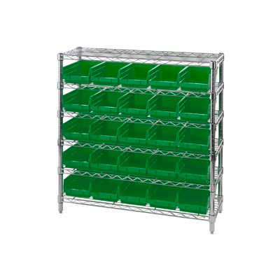 Global Industrial Chrome Wire Shelving with 25 4"H Plastic Shelf Bins Green, 36x14x36