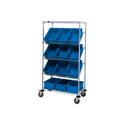 Global Industrial™ Easy Access Slant Shelf Chrome Wire Cart 12 3-1/2"H Grid Bins Blue 36x18x63