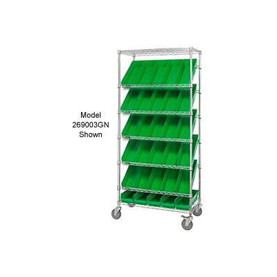 Global Industrial™ Easy Access Slant Shelf Chrome Wire Cart 48 4"H Shelf Bins Green 36Lx18Wx74H