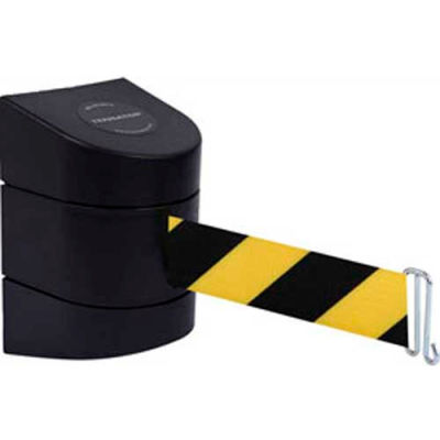 Tensabarrier®Warehouse Barrière de ceinture rétractable, ceinture 15' noir/jaune, montage en rack, étui noir