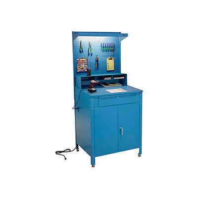 Global Industrial™ Cabinet Shop Desk avec Pegboard, Riser &Top Shelf, 34-1/2"W x 30"D, Bleu