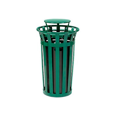Global Industrial Outdoor Slatted Steel Trash Can With Rain Bonnet Lid, 24 Gallon, Green